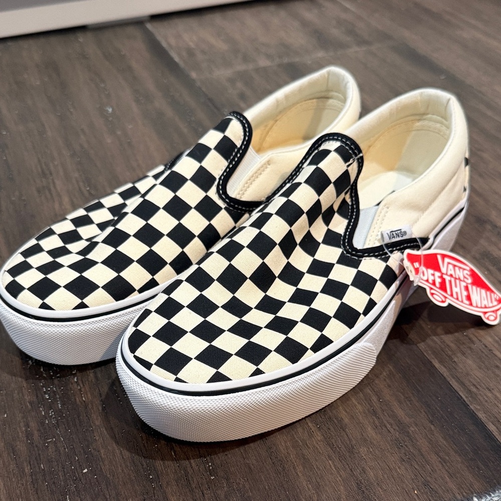 Vans Black and Cream Checkerboard Slip-Ons